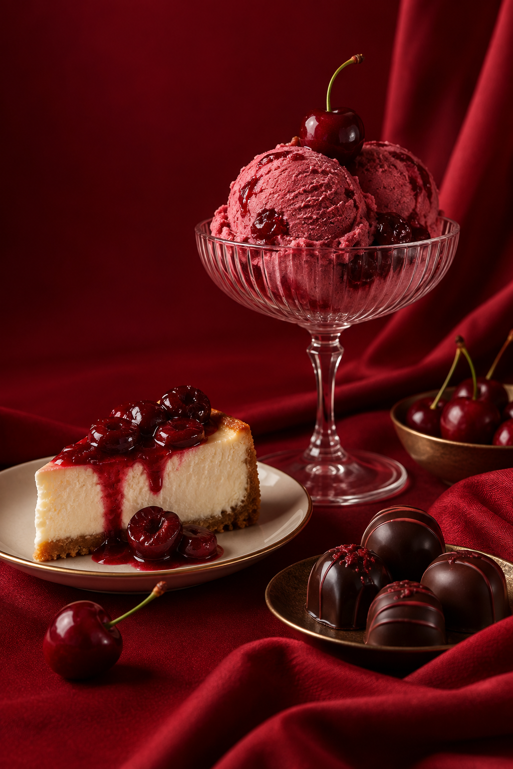 Gelato de cereza, cheesecake y dulces de chocolate sobre terciopelo rojo